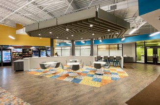 a colorful, textural breakroom space