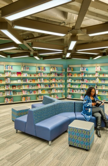 A Reading area with books and comfortable seating