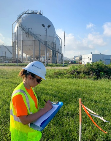 Women in Field With Hard Hat