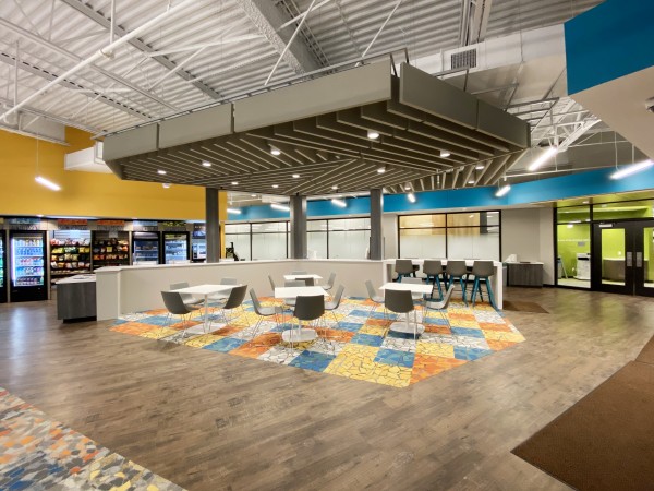 a colorful, textural breakroom area